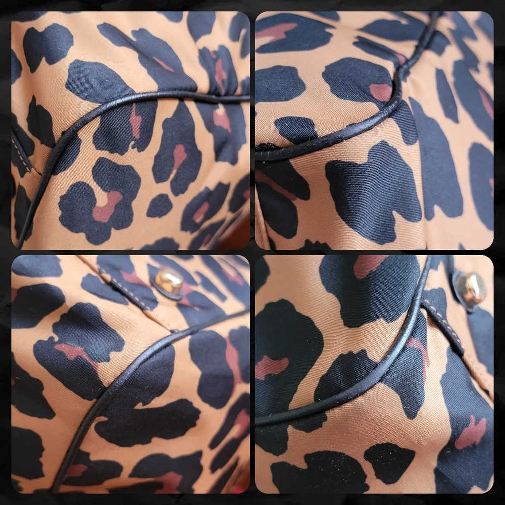 Coach C5668 Court Leopard Print Nylon Tote Pebbled Leather Black Tan Bag